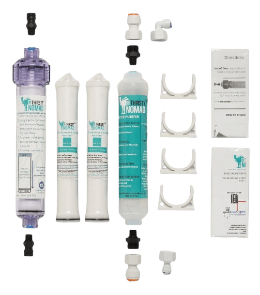 The complete Thirsty Nomad caravan water treatment system kit